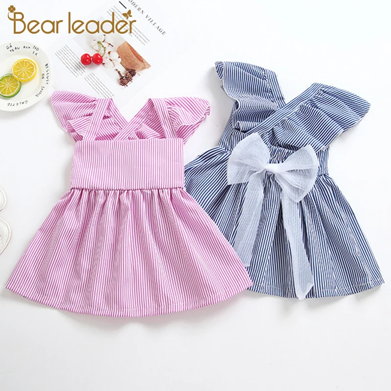 

Bear Leader Girls Dresses Sweet Bow High Small Waist Dress Girl Pinstripe Bow kids dresses Princess Dress clothes1-5 Years