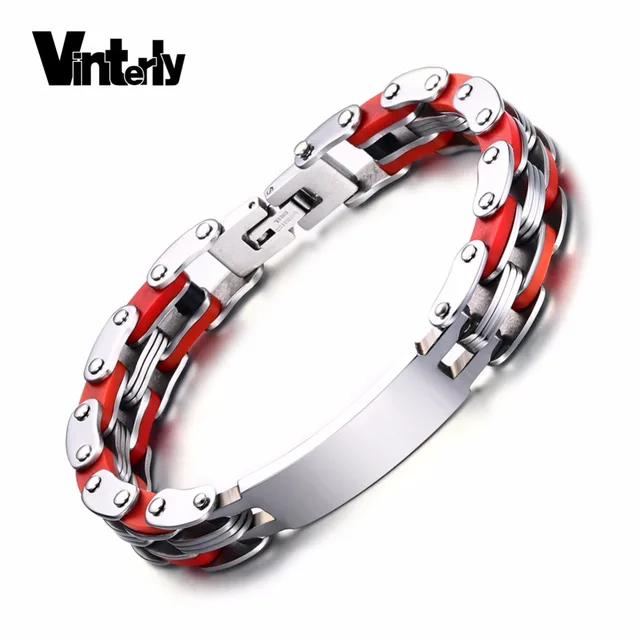 Vinterly Mens Id Bracelet Punk Red Silicone Stainless Steel Vinterly Mens Id Bracelet Punk Red Silicone Stainless Steel Personalized Engrave Bike Chain Link Bangle
