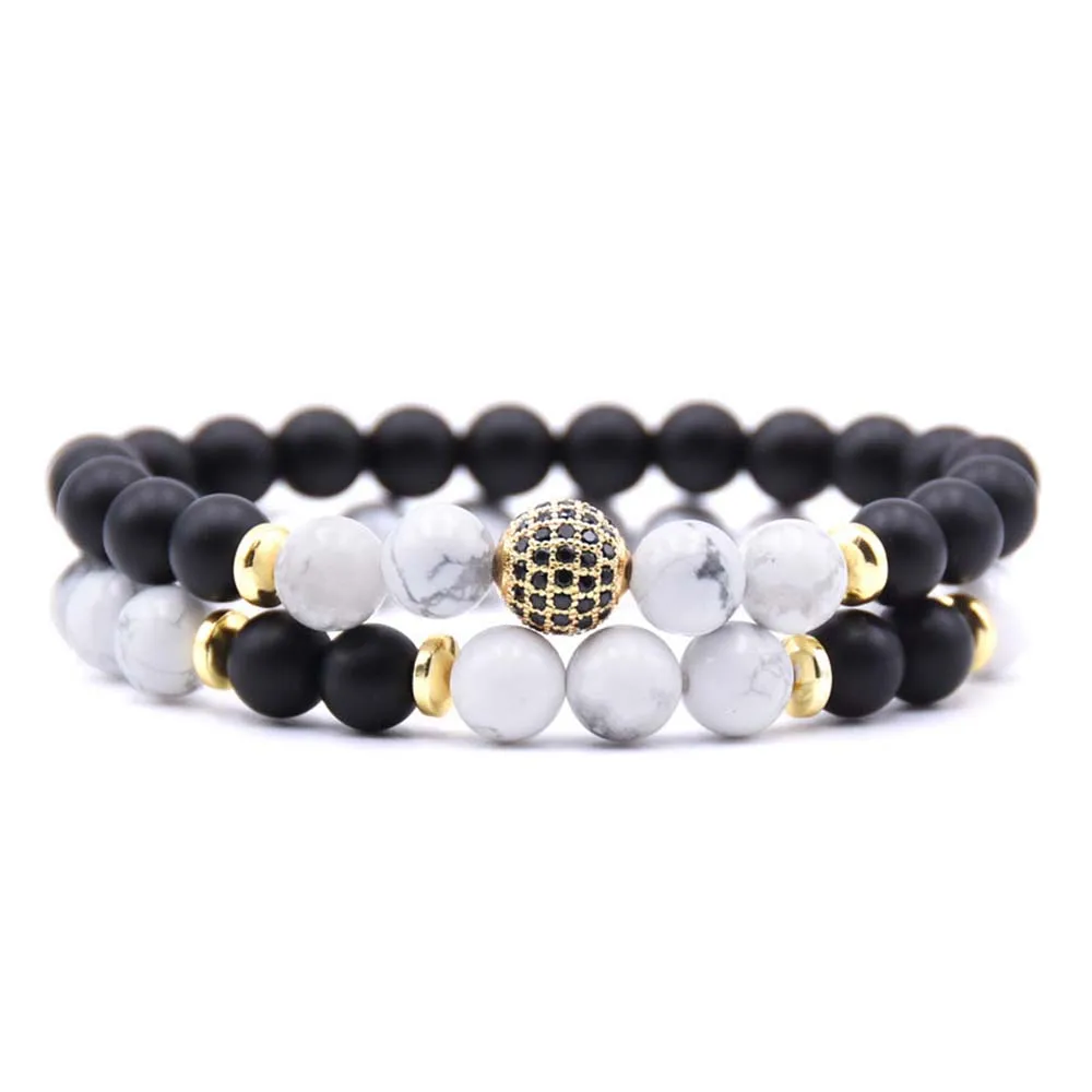 

Charm Boho Disco Ball Bead Bracelet Men Micro Pave CZ Natural Stone Charms Strand Bracelets for Women Men Friendship Jewelry