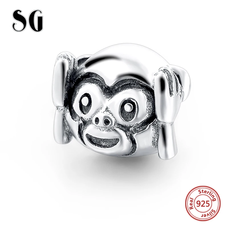 

SG 925 Sterling Silver Charms Cute animal Monkey cover its ears Beads Fit authentic pandora bracelets jewelry accessories gifts