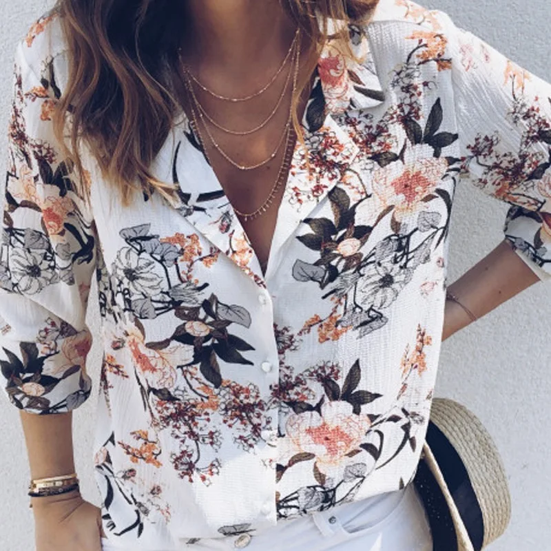 

Office Lady Blouses Women Long Sleeve Floral Print Deep V Neck Blouses Summer Casual Shirt