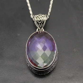 

Elegant Cute Vintage Dichroic Glass Oval 925 Sterling Silver Color Fashion Charms Necklace Pendant 2 1/4" TF789