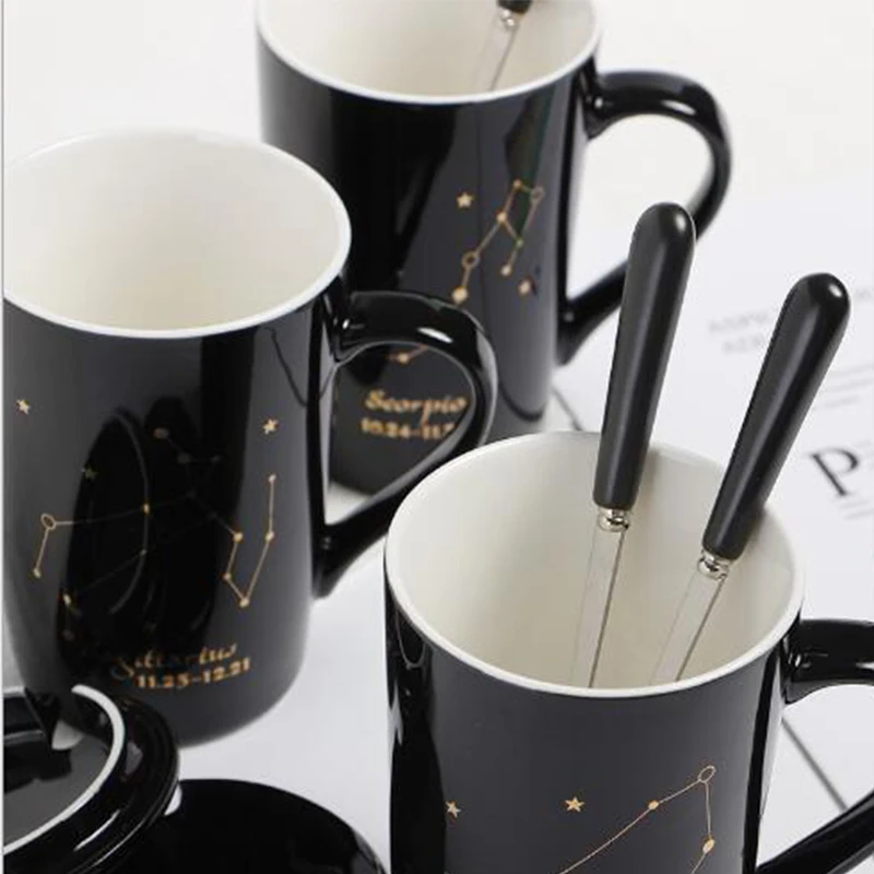 12 созвездий креативные керамические кружки с ложкой крышкой черный и Золотой фарфор Зодиак молоко кофе чашка 420 мл воды посуда для напитков