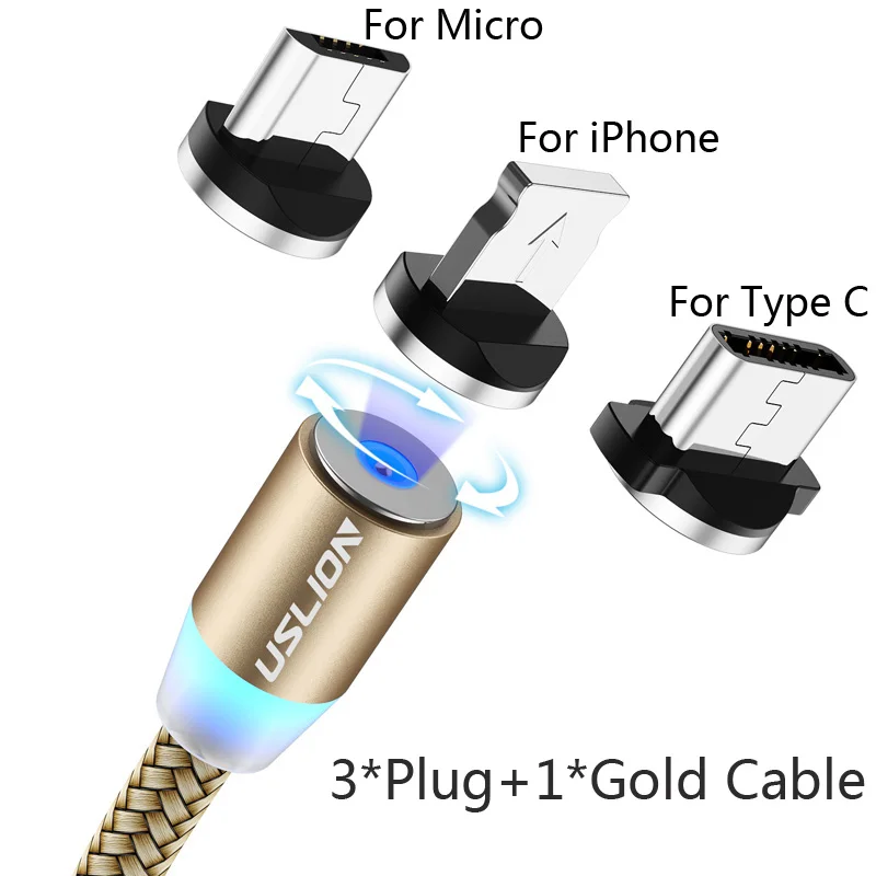 USLION 2 м Магнитный Micro USB кабель type C для iPhone XS Max X телефон зарядное устройство провод для samsung Xiaomi huawei P30 Pro Магнитный кабель - Цвет: 3 Plug 1 Gold Cable