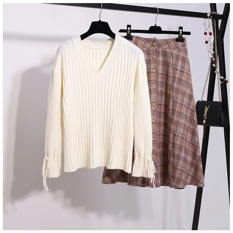 SexeMara, настоящий плотный осенний и зимний свитер, женский модный комплект, шерстяная клетчатая юбка, комплект из двух предметов, костюм