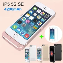 4200mAh USB Power bank Pack backup battery Charge Holder Case For iPhone 5 SE 5S with Tempered glass USB cable