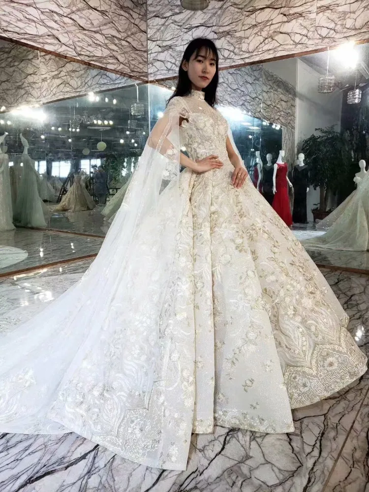 

BacklackGirls Long Shoulder Piece Shawl Wedding Dress Delicate Embroidery High Neck Bridal Gowns Robe De Bal
