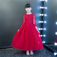 Красное Кружевное Тюлевое платье с цветочной аппликацией для девочек на свадьбу; бальное платье принцессы; вечерние платья для дня рождения; Детские платья для первого причастия