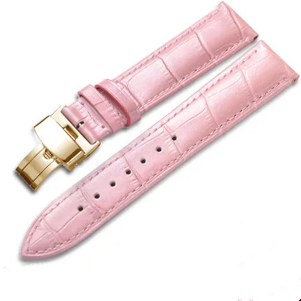 Ремешок для часов из натуральной кожи, розовый ремешок для часов, браслет с бабочкой, пряжка для женщин, женские часы 22 мм, 20 мм, 18 мм, 16 мм, 14 мм, 12 мм - Цвет ремешка: gold buckle