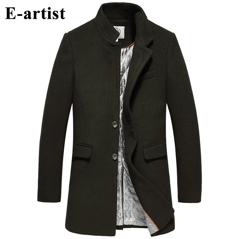 E artist Men's Casual Stand Collar Long Wool Pea Coats Jackets Male