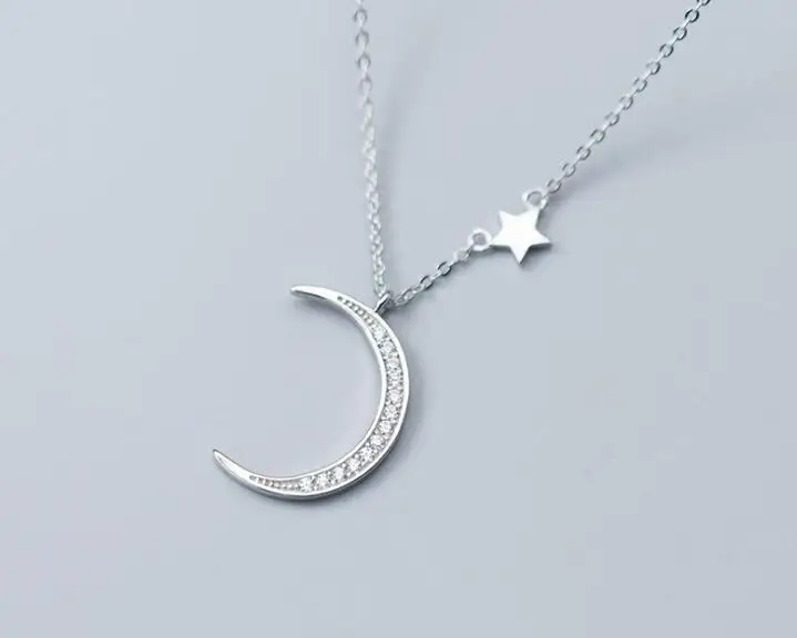 Authentic 100% REAL. 925 Sterling Silver FINE Jewelry white cz zirconia set Big Crescent Moon Star Necklace pendant giftGTLx1685 | Украшения