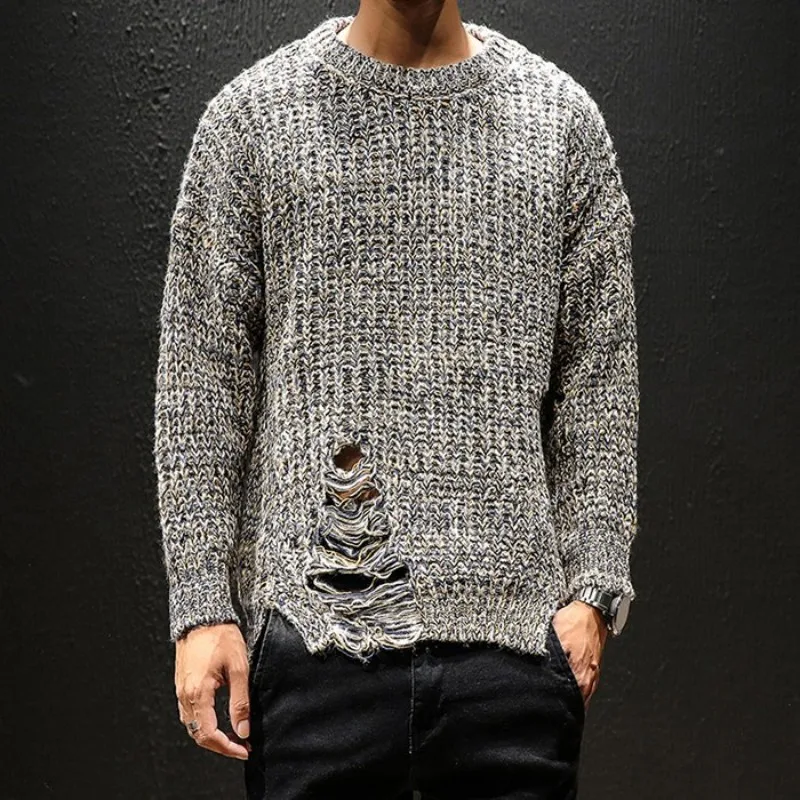 Новые модные мужские тонкие свитера, повседневный Хлопковый вязаный свитер с круглым вырезом, длинный рукав, рваные пуловер, свитер для мужчин 5XL
