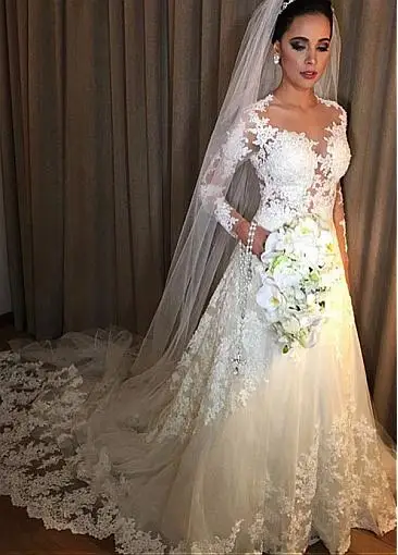 Glamorous Tulle Jewel Neckline A-line Wedding Dress With Lace Appliques &amp Beadings Custom Made Bridal Dresses | Свадьбы и