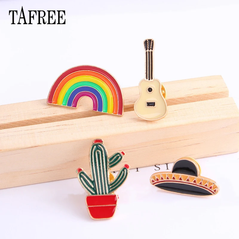 

TAFREE New Fashion South Korea Brooches Colorful Enamel of Rainbow,Cactus,Guitar,Flying saucer Lapel Pins Epaulet Jewelry LP10