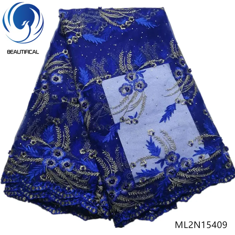 

BEAUTIFICAL flower lace fabric tulle lace fabrics with beads blue color african pattern fabric 5yards/lot free shipping ML2N154