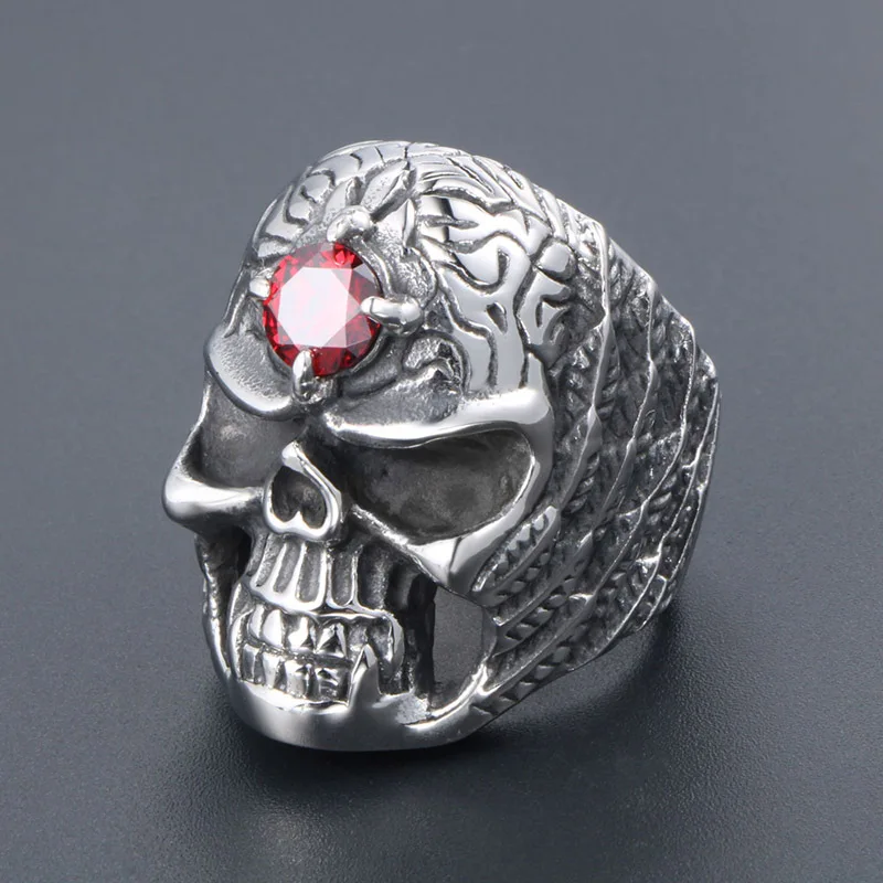 

Titanium Steel old Silver Mens Skull Rings The forehead is inlaid with eight claws Red Crystal Punk style Ring Dropshipping