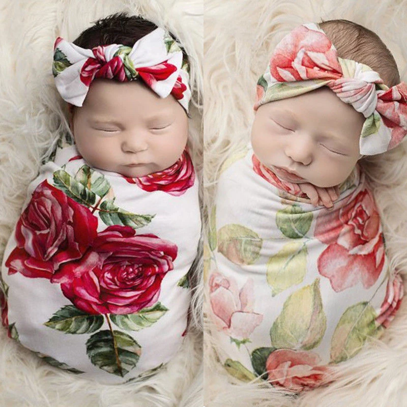 2 предмета, Пеленальное Одеяло для новорожденных и малышей Мягкая пеленка для сна с пионами муслиновая повязка на голову Очаровательная одежда для сна для маленьких девочек, Новинка