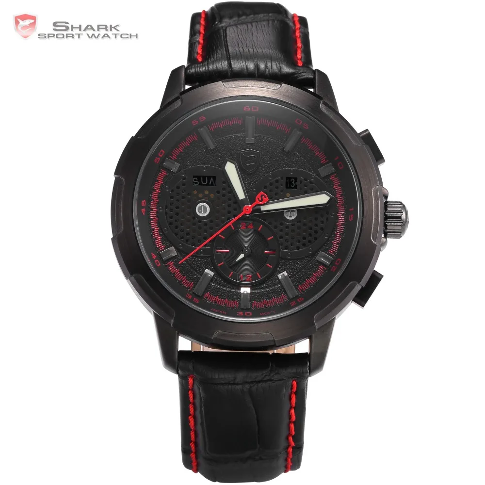 

New Fashion Shark Sport Watch Red hands Date Display Fashion Male Clock Black Leather Band Analog 6 Hands Quartz Watch / SH358