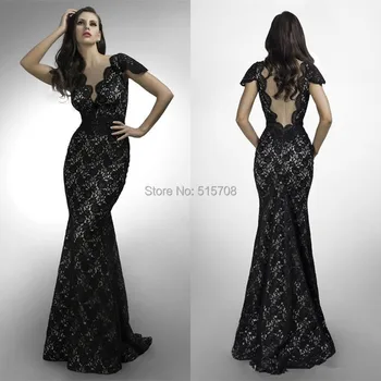 

New Arrival Custom Lace Black Short Sleeve Formal Evening Dresses Sheer Back Celebrity Formal Evening Party Long Prom Gown