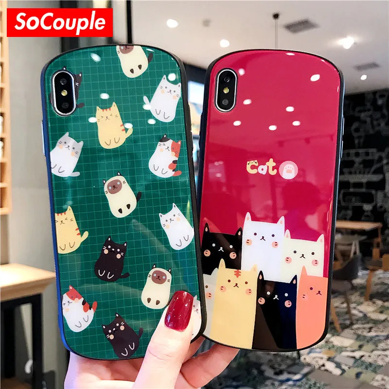 

SoCouple Tempered Glass Phone Case For iphone 7 Case For iphone 7 8 plus X Xs max XR Lovely Cartoon Cat Pattern Back Cover Coque