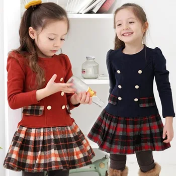 

New baby girls dress spring autumn plaid full sleeve children kid's campus school princess dress cotton wear Free shipping k1