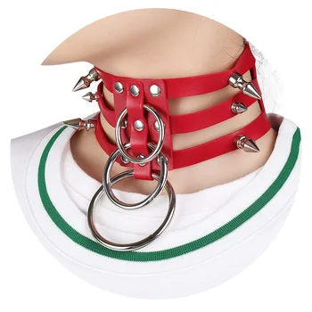 

Red Leather Strap Top Cage Neck Belt Sexy Hollow Out Metal Rivet Punk Goth Adjustable Night Clubs Dance Wear Body Harness Women