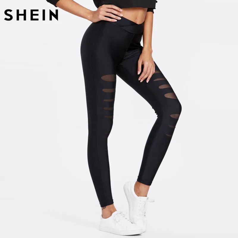 SHEIN черные леггинсы женские сетчатые рваные Леггинсы со средним обхватом талии