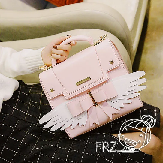 

2019 hot sale Anime Card Captor Sakura Bowknot Handbag Cute Girls Preppy Angel Wings Style Shoulder Bag Handbag
