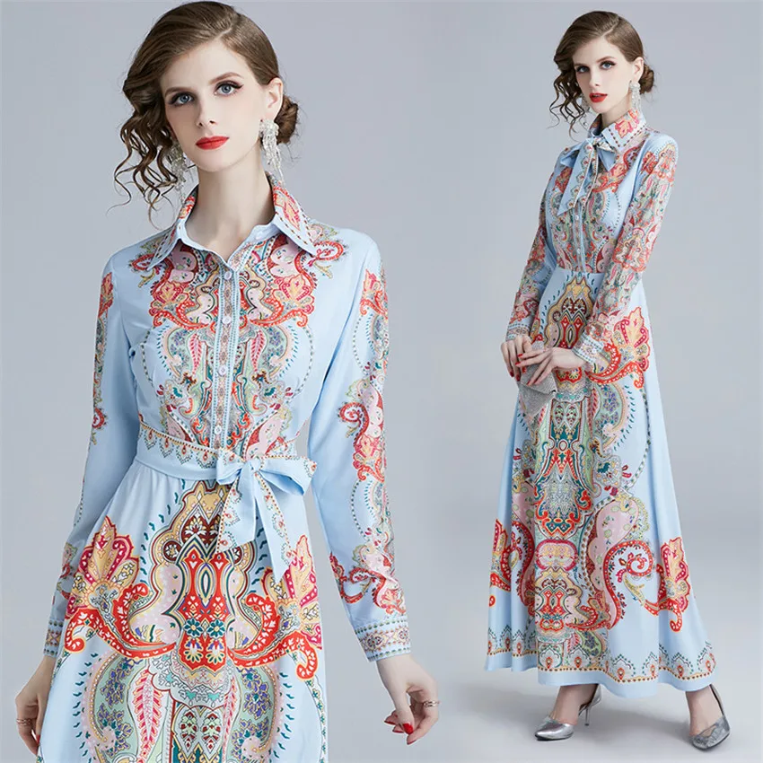 

European Fashion Spring Dress Runway Dresses 2019 Women High Quality Fashion Retro Vintage Long Maxi Dress Robe Femme Belt