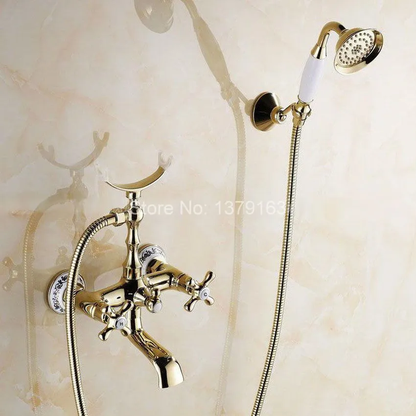 Gold Polished Brass Two Levers Wall Mounted Clawfoot Bath Tub Faucet