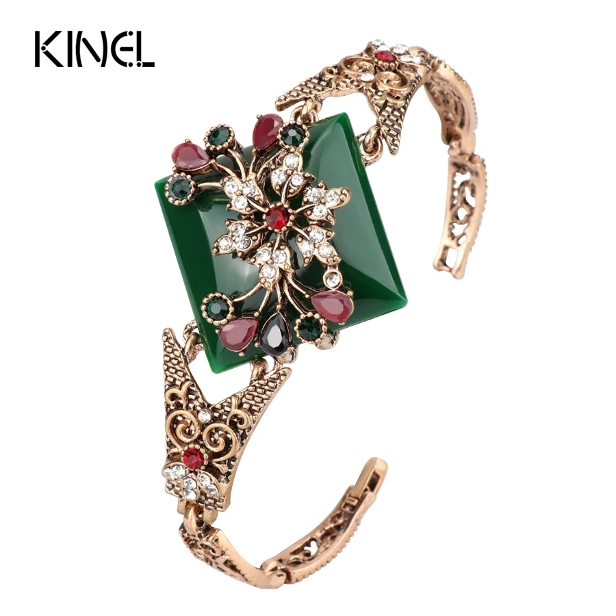 

Kinel Green Big Bracelet For Women Vintage Jewelry Antique Gold Color Turkish Party Bracelets Bijouterie 2017 New Arrivals