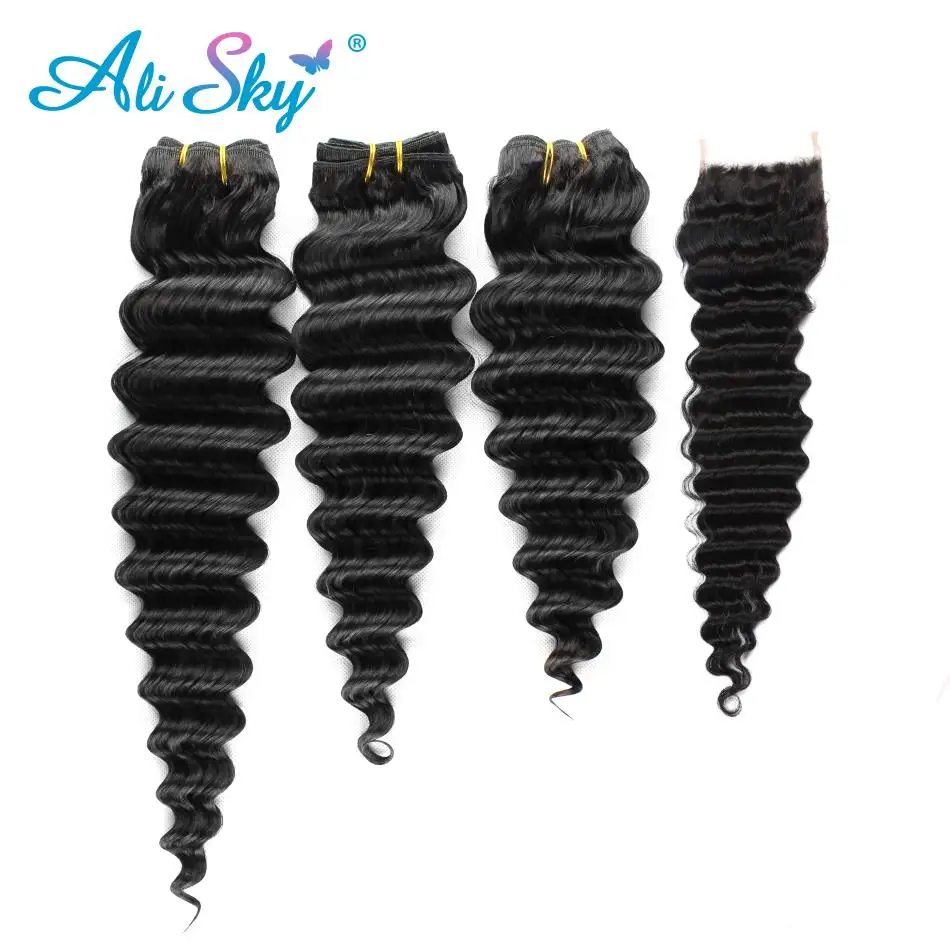 Али Sky волос глубокий волна перуанской пучки волос плетение с закрытием двойной уток человеческих волос 3 Связки с закрытием NonRemy без узла