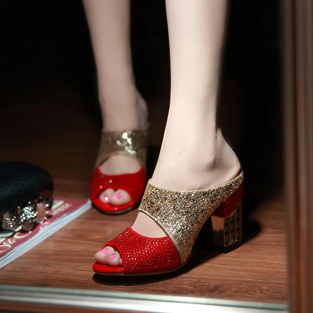 Meotina/Женская обувь; летние шлепанцы; блестящие туфли на высоком каблуке-шпильке; пикантные женские Босоножки с открытым носком и кристаллами; Цвет Красный; большие размеры 34-43