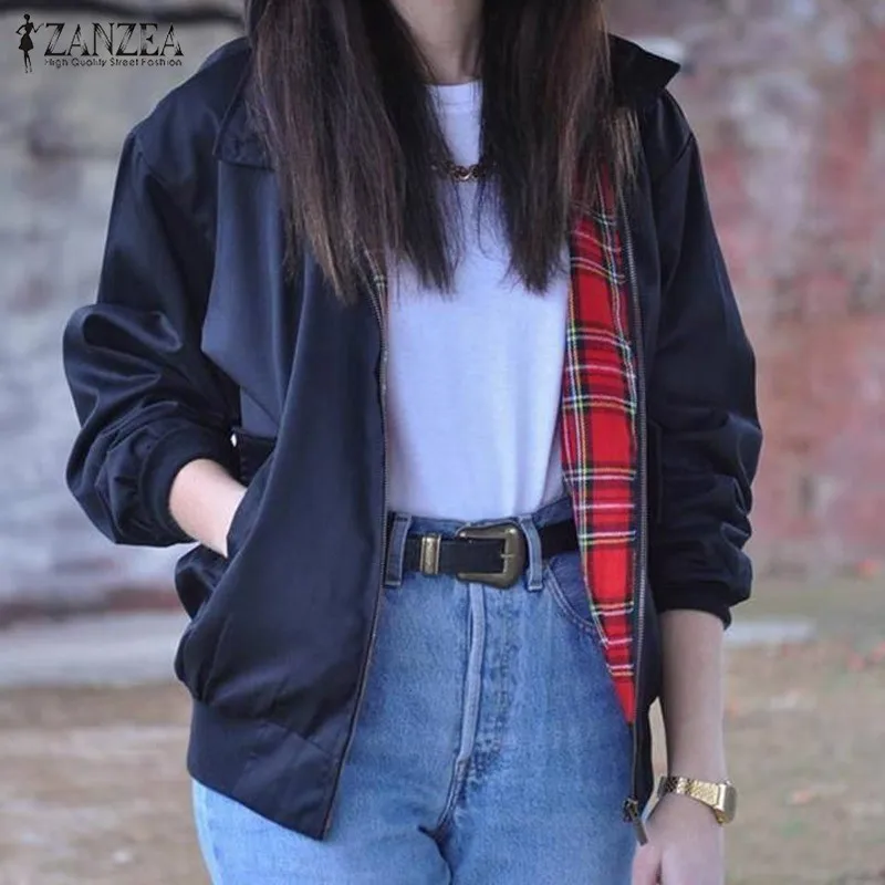 Oversized 2016 Women Autumn Outerwear Long Sleeve Fashion Vintage font b Tartan b font Zipper Pockets