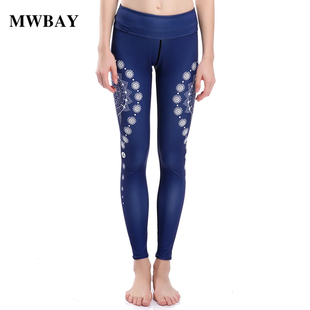 

MWBAY Print Flowers Shape Leggings Fitness Sexy Women Bottom Pants Mid Waist Ankle-Length Female Dark Blue Trousers Pantalon