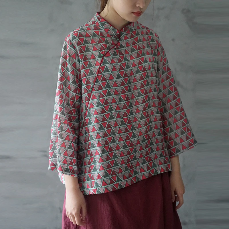 

Johnature Vintage 2019 New Clothes Three Quarter Sleeve Stand Collar Tops Button Geometric Shirt Loose Linen Women Blouses
