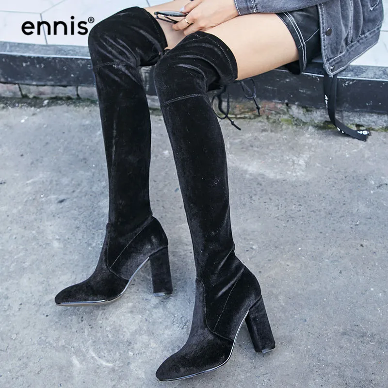 

ENNIS 2019 Lace Up Thigh High Boots Stretch Velvet Over The Knee Boots Women Super High Heels Boots Black Blue Red Shoes L848