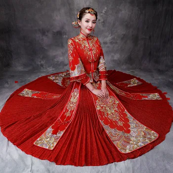 

Red Wedding Bride Chinese Style Cheongsam Traditional Lady Long Qipao Embroidery Women's Evening Dress marry Clothes S - XXXL