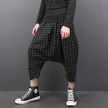 Горячее предложение осень и зима новые шерстяные мужские повседневные брюки черные клетчатые брюки с шаговым швом мужские модные свободные шаровары с низкой слонкой Брюки Tide