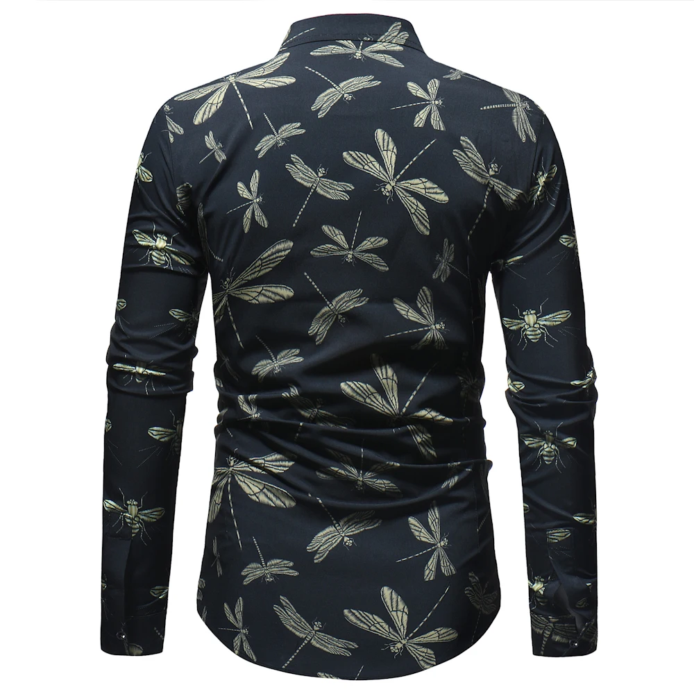 Stylish Dinosaur Print Men Casual Long Sleeve Shirt Slim Button Up Dress Shirts
