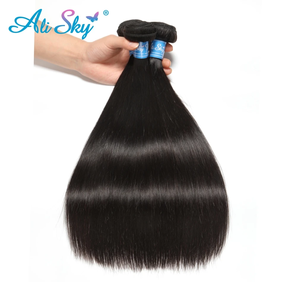 [Ali Sky]3 Bundles Straight Hair with Lace Closure Pre Plucked Brazilian Non Remy Free/Middle/Three Part 100% Black human hair