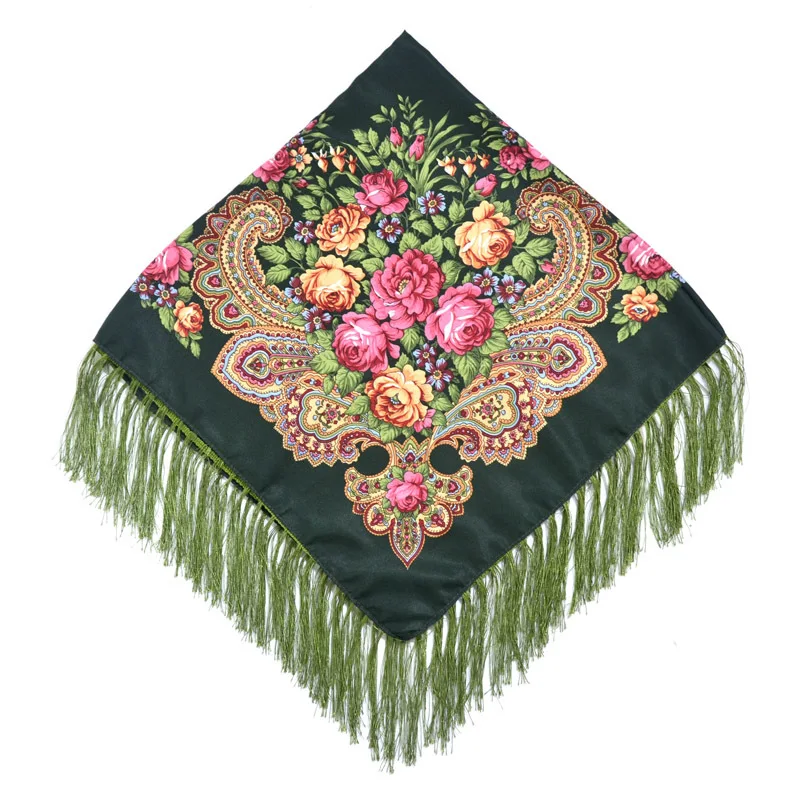 Women Tassel Square Scarf Shawl Lady Printed Floral Short Tassel Headband Retro Cape Wrap Scarves 90*90cm