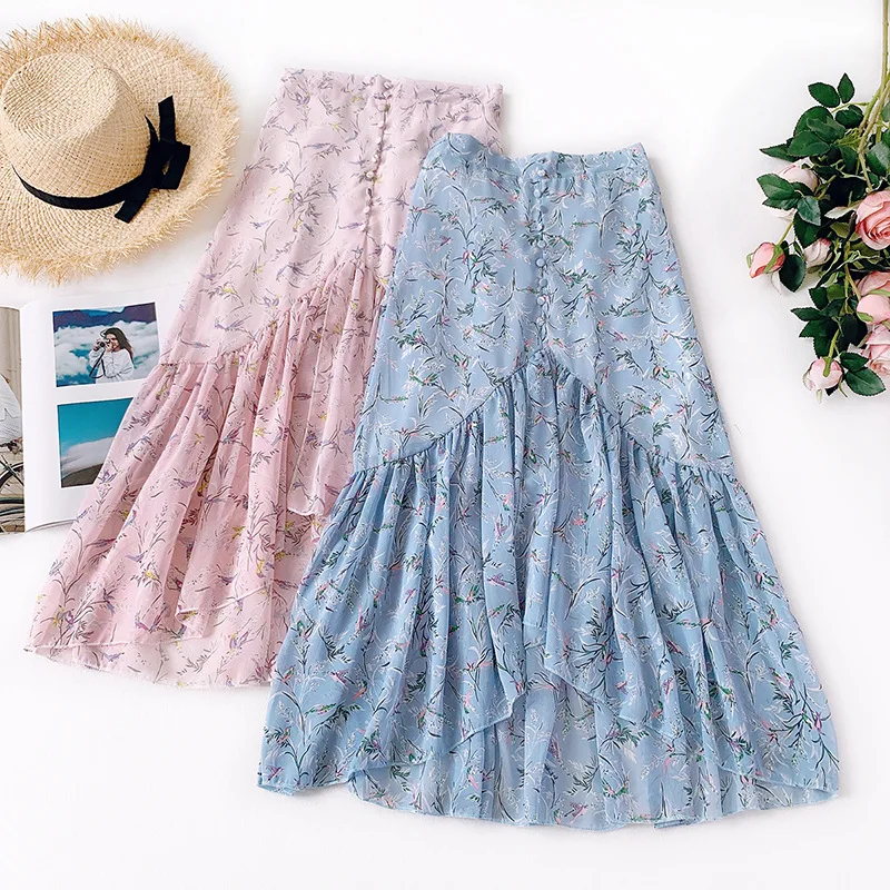 

AcFirst Summer Pink Blue Women Skirt Chiffon High Waist A-Line Mid-Calf Long Skirts Button Clothing Flower Printed Sexy Skirts