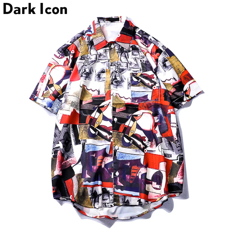 

Dark Icon Graffiti Printed Hip Hop Shirt 2019 Summer Turn-down Collar Hawaii Style Men's Shirt Street Shirts for Men