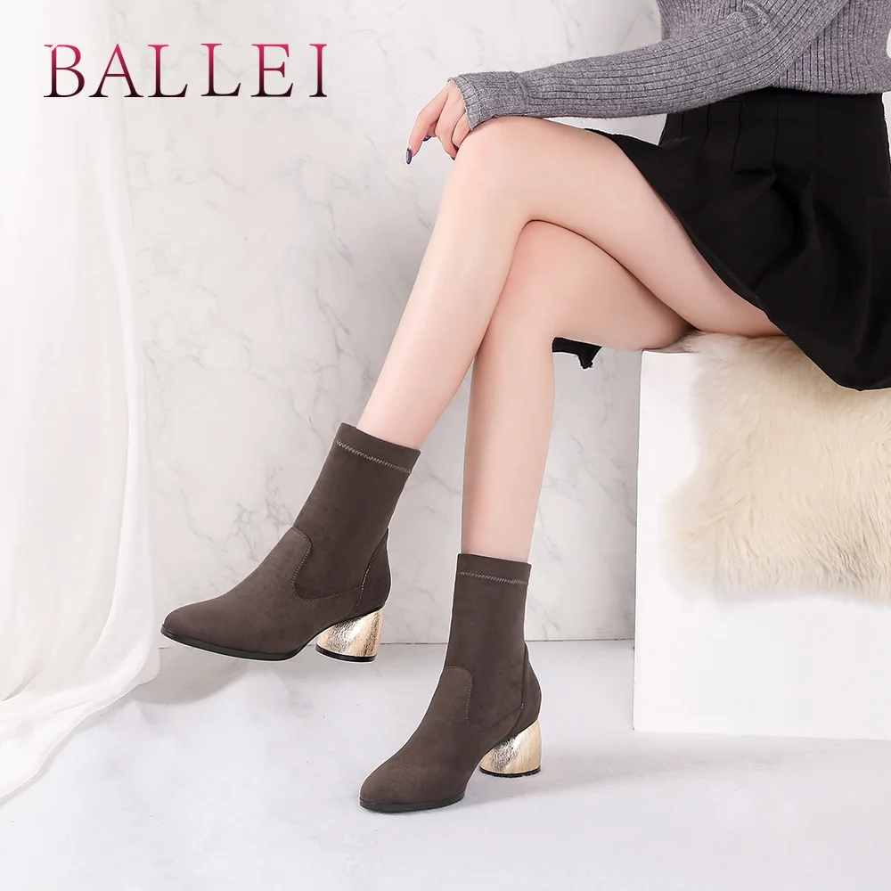 

BALLEI Luxury Woman Winter Fashion Ankle Boots Vintage Flock Soft Square Heel Pointed Toe Shoes Solid Lady Warm Retro Boot B114