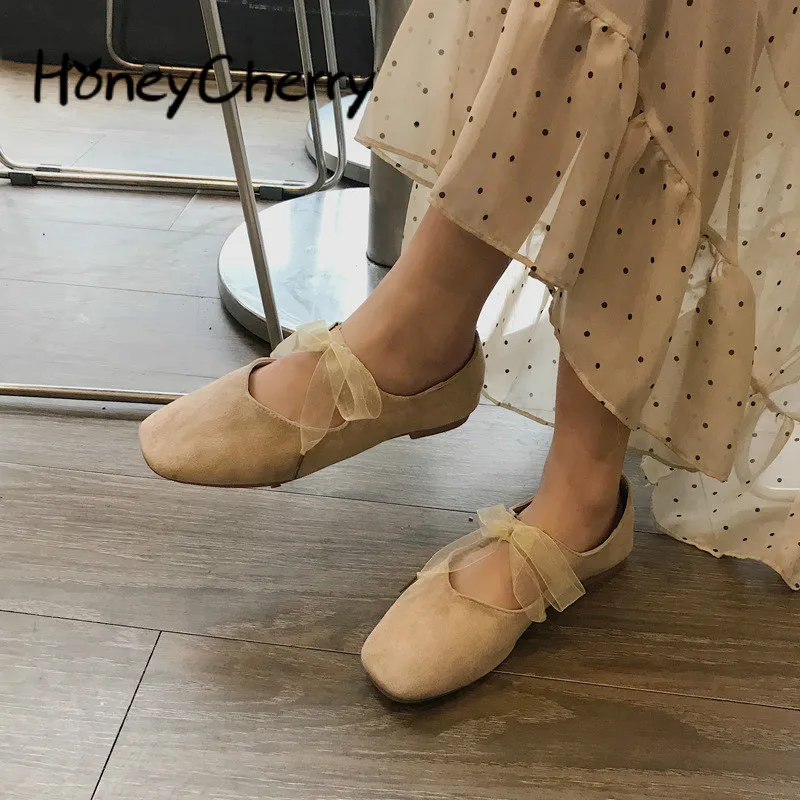 Spring Suede Tie Butterfly Knot Ballet Shoes, Sweet Square
