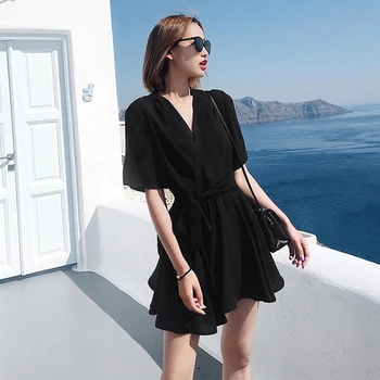 

Casual V-neck Summer Costumes For Women Sexy Plus Size 4xl Fashion Pastel Ensemble Femme Deux Pieces Brief Lace Up Top And Skirt