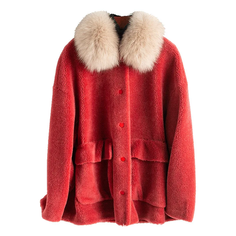Шерстяная куртка с воротником из лисьего меха, пальто с натуральным мехом, осенне-зимнее пальто, женская одежда, уличная Корейская винтажная овечья овчина ZT3327
