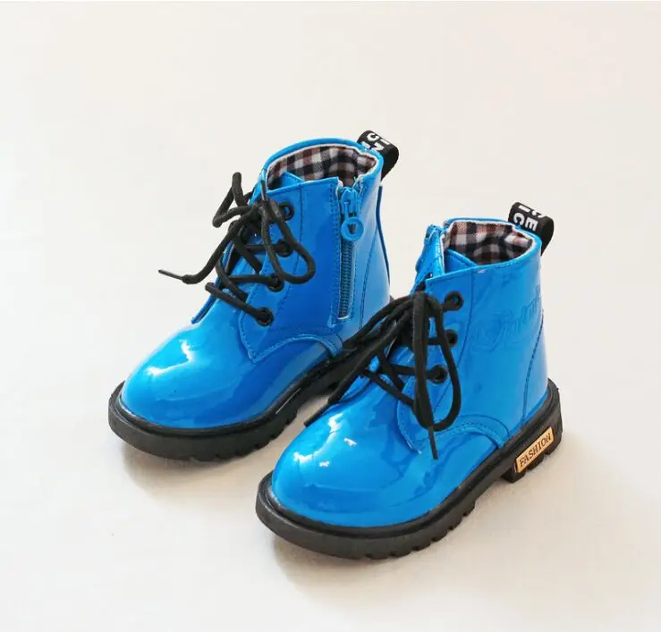 Детские Ботинки martin из искусственной кожи; водонепроницаемые ботинки в байкерском стиле; зимние ботинки для детей; Брендовая обувь принцессы для девочек; резиновые ботинки - Цвет: Синий