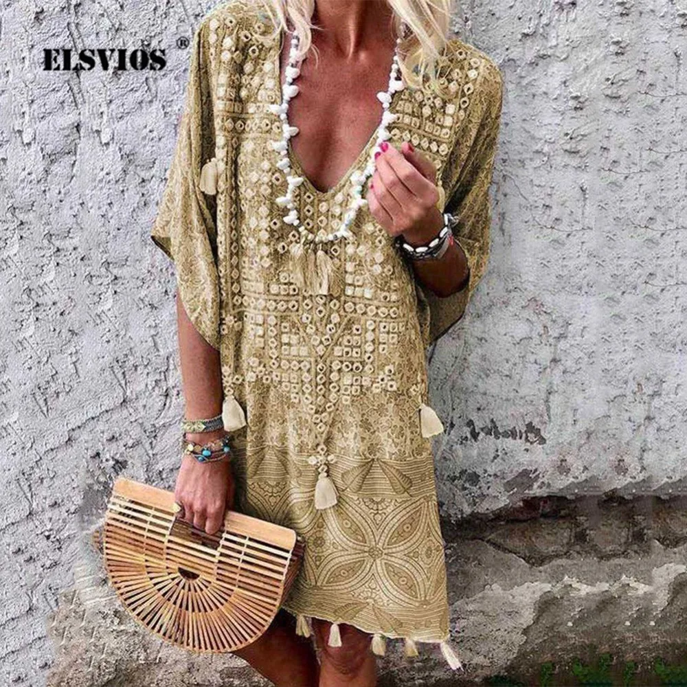 

ELSVIOS Vintage Women Tassel Print Half Sleeve Mini Dress Summer Deep V-neck Elegant Party Dress Female Beachwear A-Line Dresses